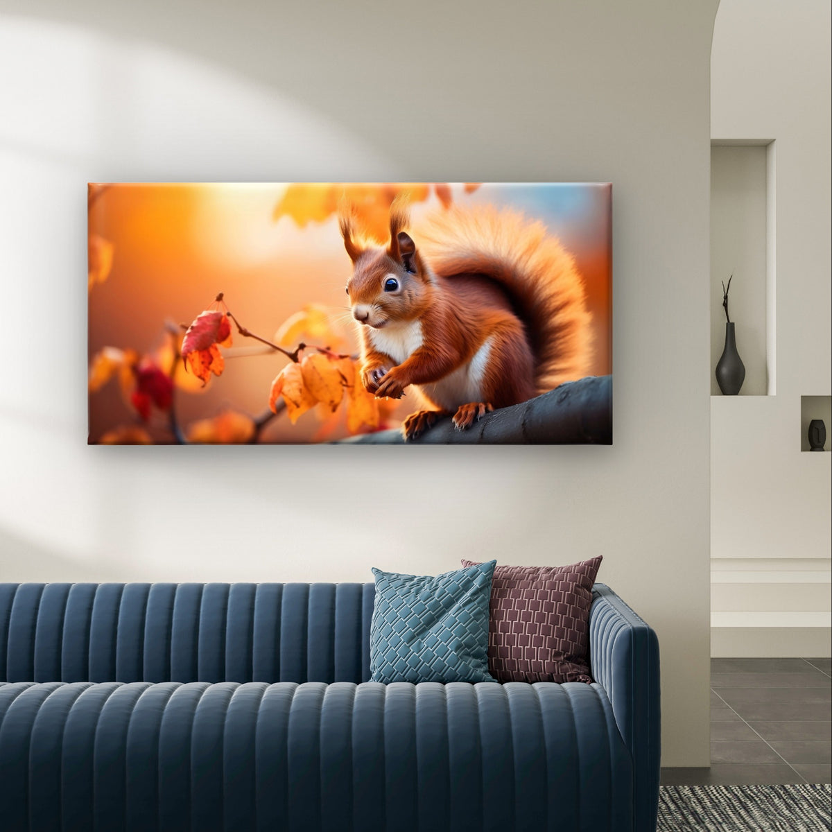 Red Squirrel Autumn Leaves Branch Wildlife Wall Art Canvas Office Home Framed 120x60cm - Bella Home Decor