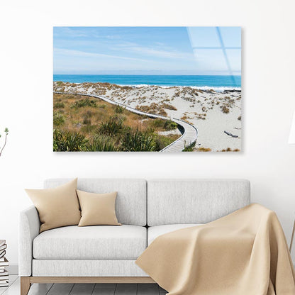 Sand Beach with Wooden Walking Path and Coast Skyline Background Acrylic Glass Print Tempered Glass Wall Art 100% Made in Australia Ready to Hang - Bella Home Decor