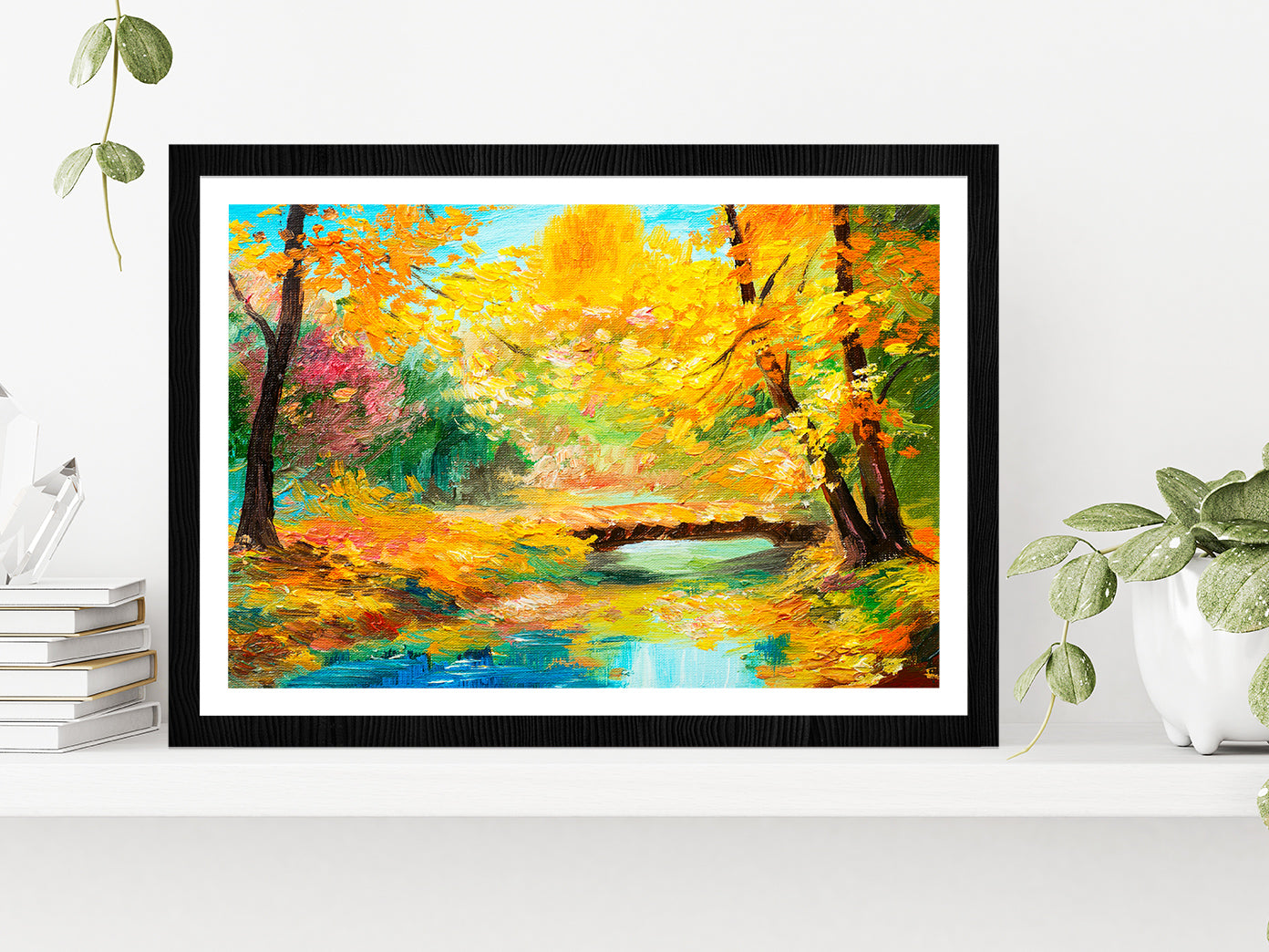 Colorful Autumn Forest With River Glass Framed Wall Art, Ready to Hang Quality Print With White Border Black