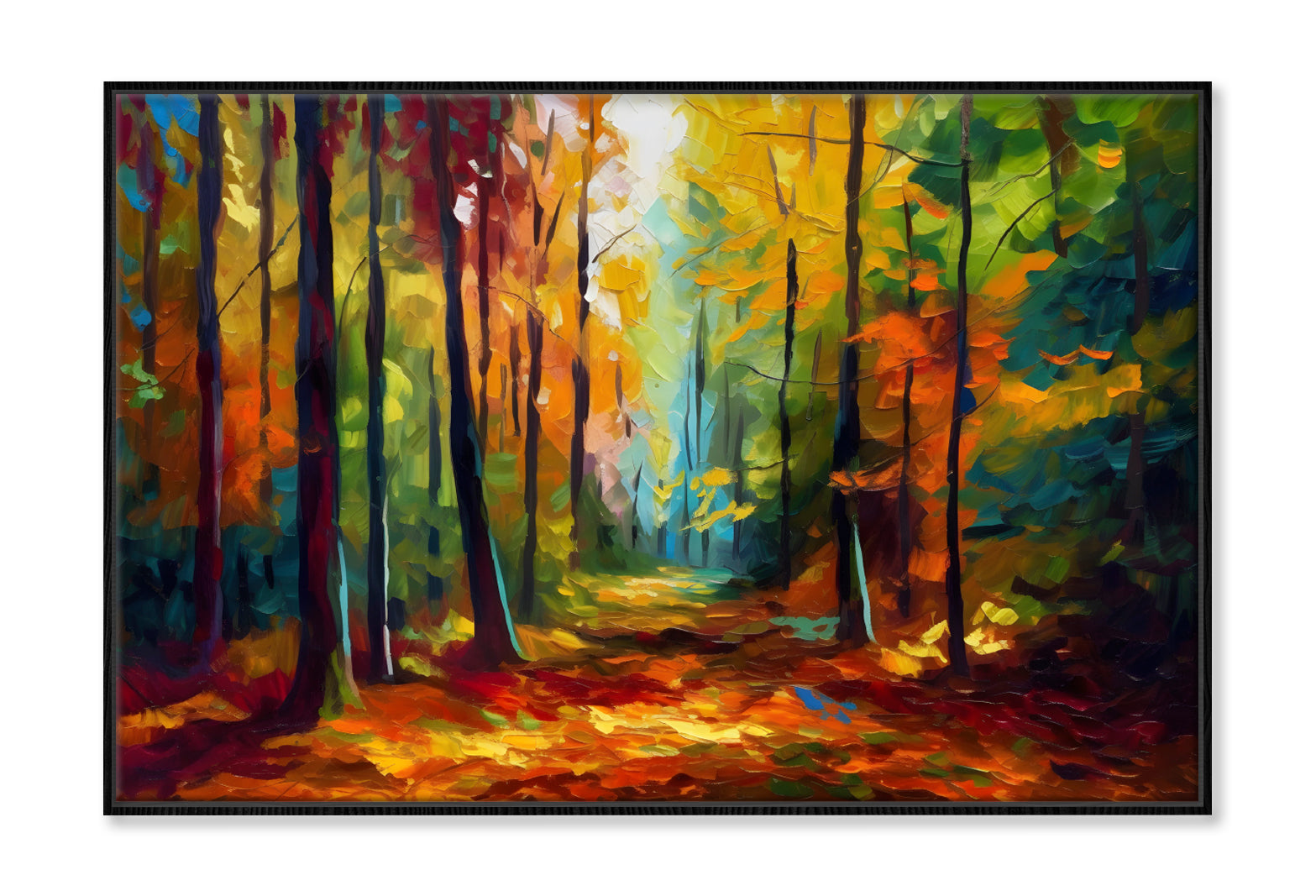 Autumn Tree Forest Path Oil Painting Wall Art Limited Edition High Quality Print Canvas Box Framed Black