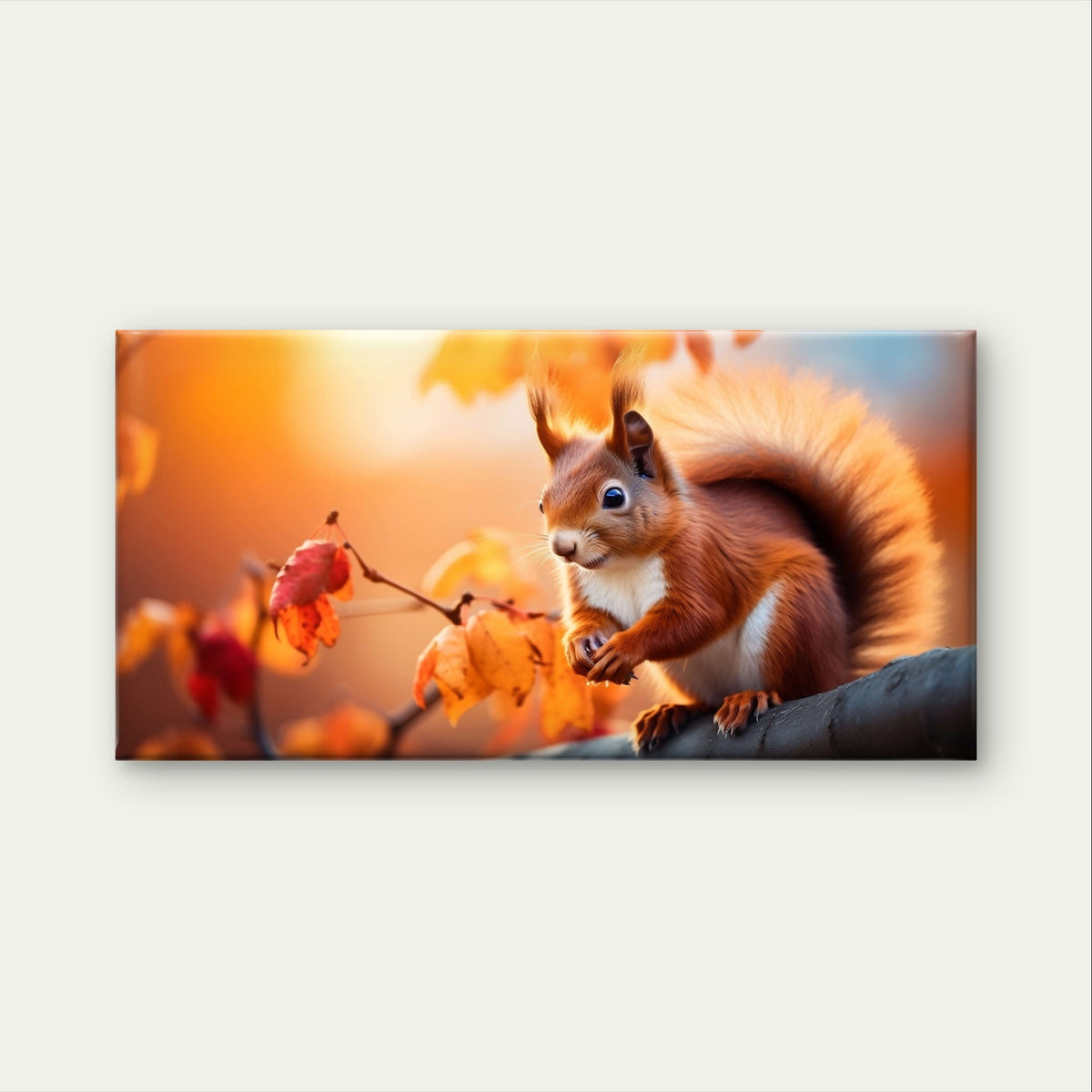 Red Squirrel Autumn Leaves Branch Wildlife Wall Art Canvas Office Home Framed 120x60cm - Bella Home Decor
