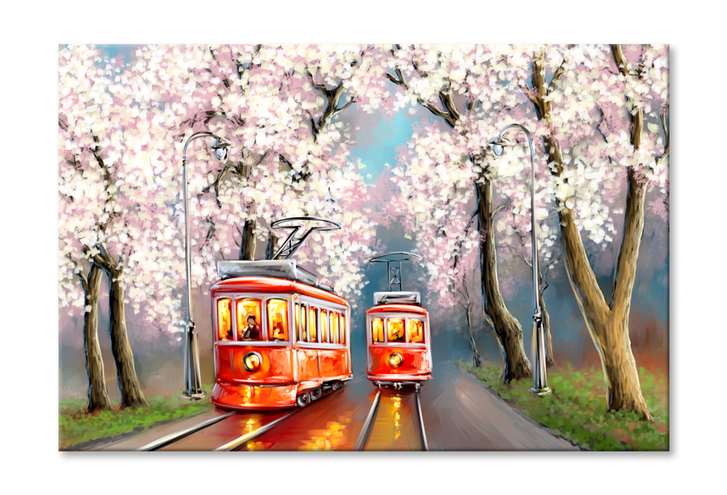 Tram Spring Oil Painting Wall Art Limited Edition High Quality Print Stretched Canvas None