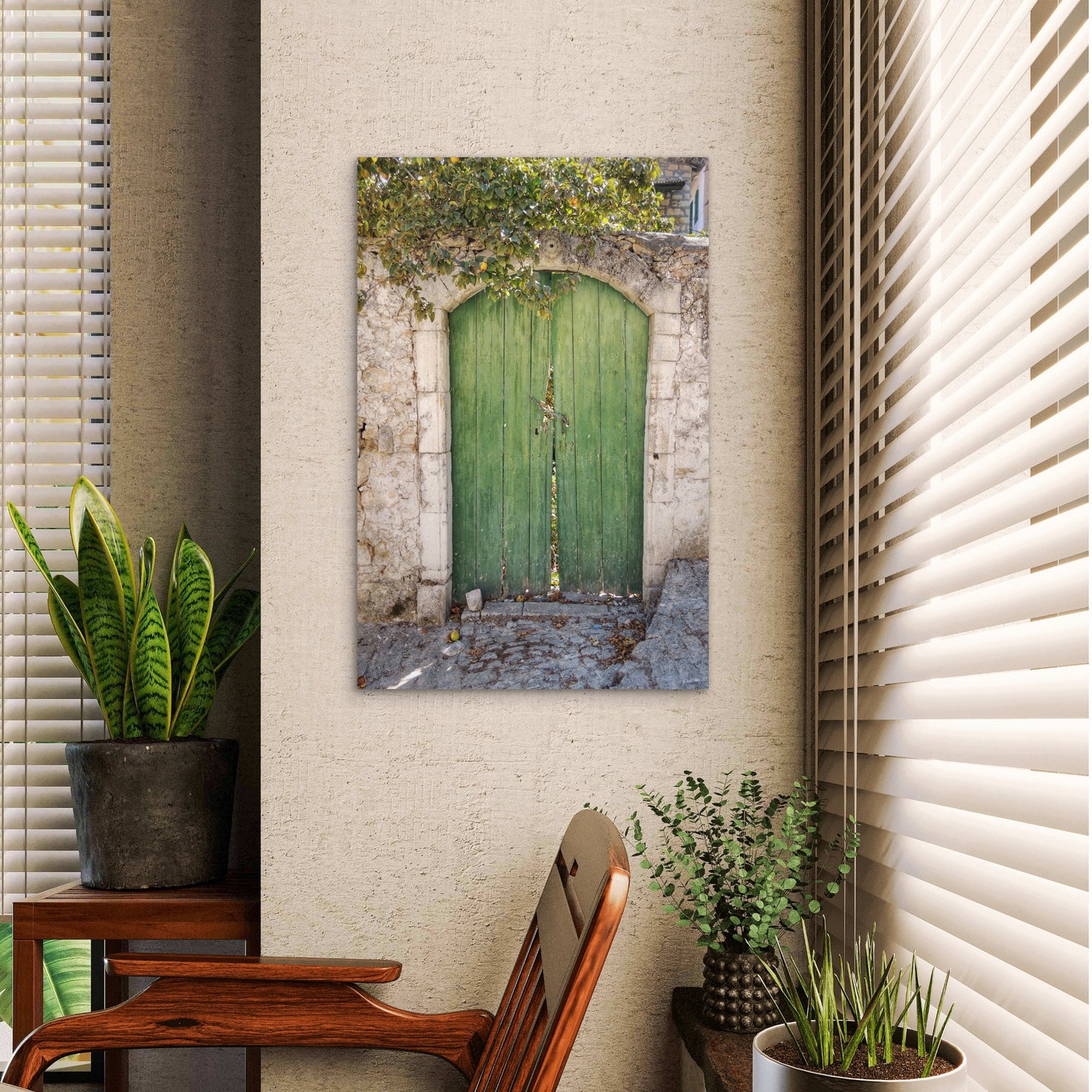 Old Green Wooden Door Set In a Stone Wall 60x90cm Metal Print Ready to Hang - Bella Home Decor
