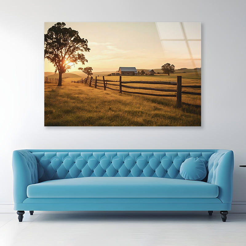 A Serene Farm Scene at Sunset Acrylic Glass Print Tempered Glass Wall Art 100% Made in Australia Ready to Hang