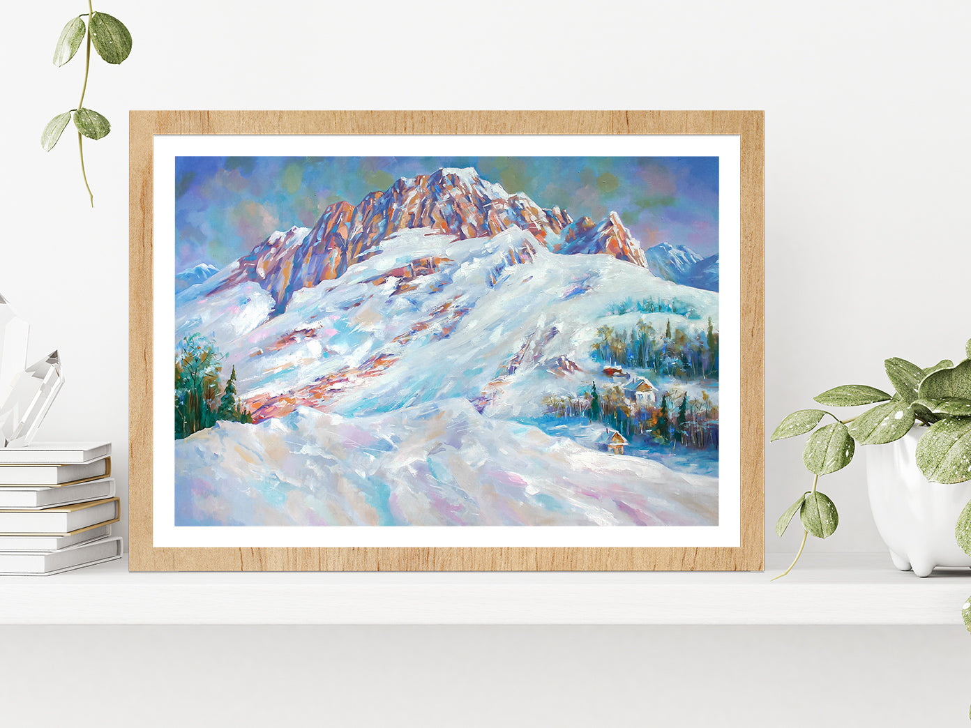 Snow Drifts At The Foot Of Mount Fisht Landscape Glass Framed Wall Art, Ready to Hang Quality Print With White Border Oak