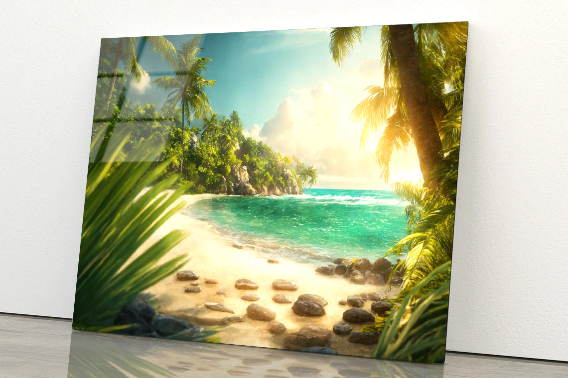 Beach with Palm Tree Acrylic Glass Print Tempered Glass Wall Art 100% Made in Australia Ready to Hang - Bella Home Decor