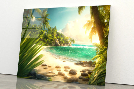 Beach with Palm Tree Acrylic Glass Print Tempered Glass Wall Art 100% Made in Australia Ready to Hang - Bella Home Decor