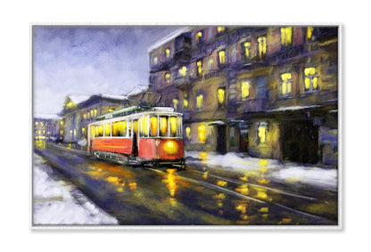 Tram in Old City Night Oil Painting Wall Art Limited Edition High Quality Print Canvas Box Framed White