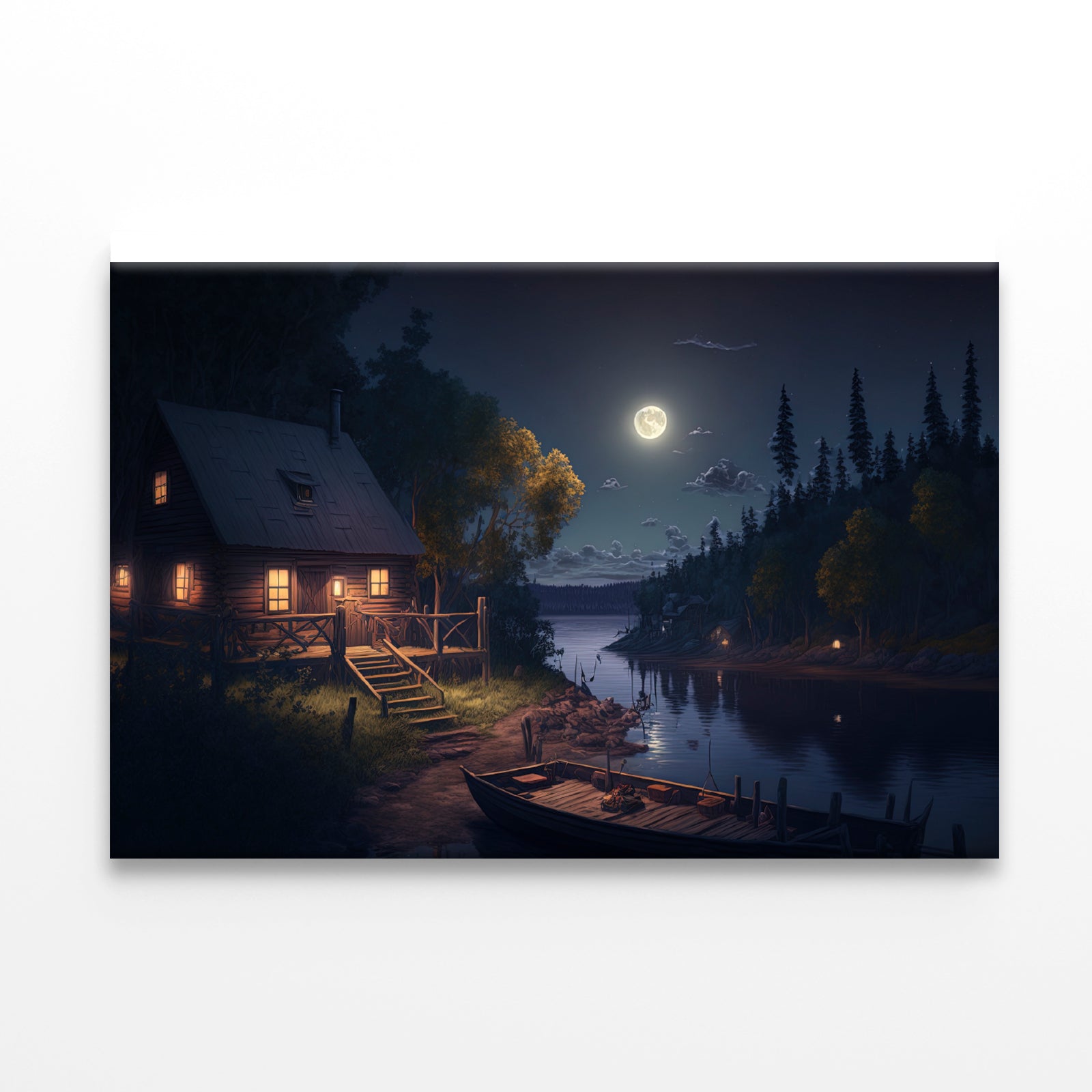 House, Trees, Lake at Night Print 100% Australian Made - Bella Home Decor