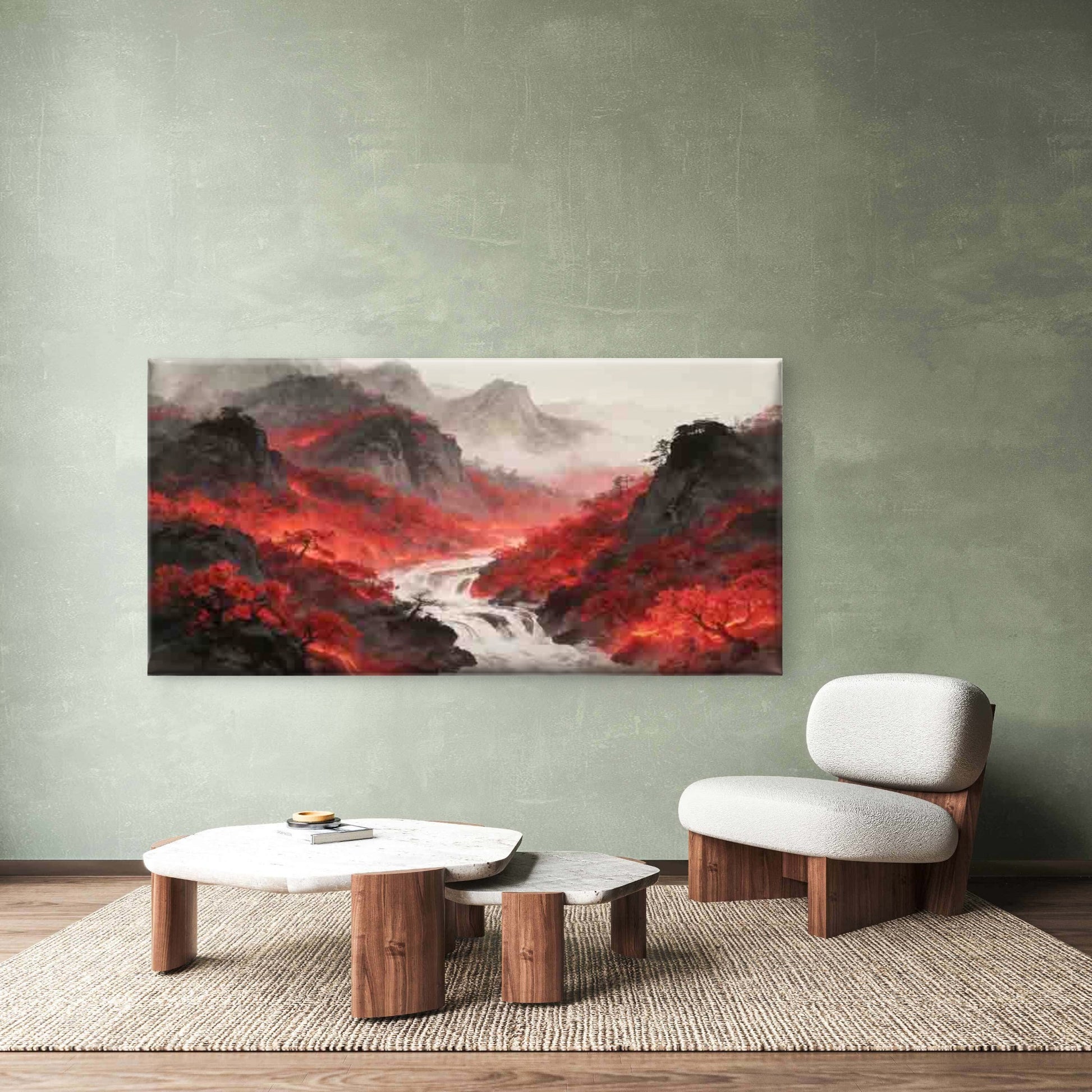 Red Forest Mountain River Scene Wall Art Canvas Office Home Room Framed 120x60cm - Bella Home Decor