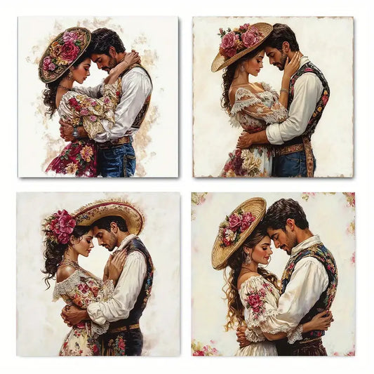 4pcs Romantic Couple Vibrant Floral ,Traditional Wall Art Canvas Framed