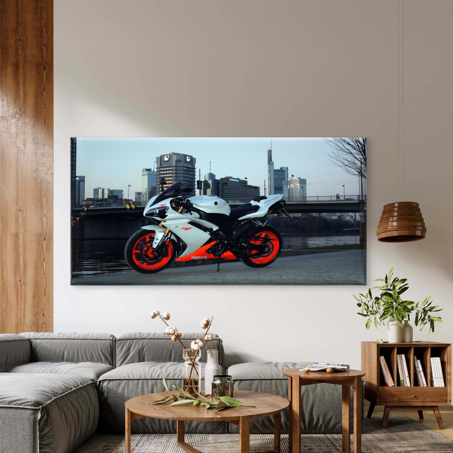 White Yamaha In The City Wall Art Canvas Office Home Room Framed 120x60cm