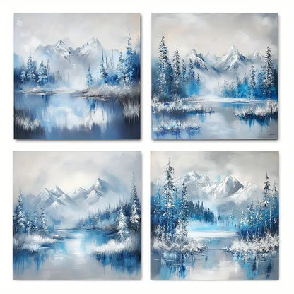 4pcs Snowy Mountain Lake And Tre Wall Art Canvas Framed