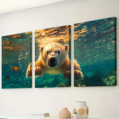 3pcs Polar Bear Swimming Underwater Wall Art Set Canvas Framed 50x70cm - High Quality Print 100% Australian Made Wall Canvas Ready to Hang