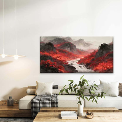 Red Forest Mountain River Scene Wall Art Canvas Office Home Room Framed 120x60cm - Bella Home Decor