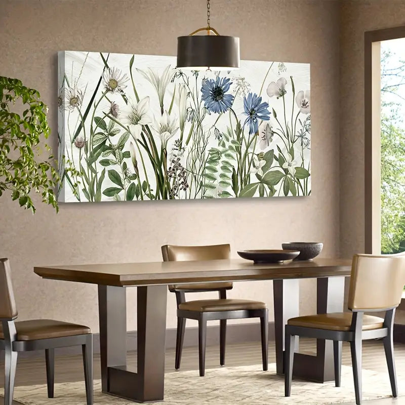 Botanical Wildflower Green Blue Wall Art canvas office home room framed 120x60cm - Bella Home Decor