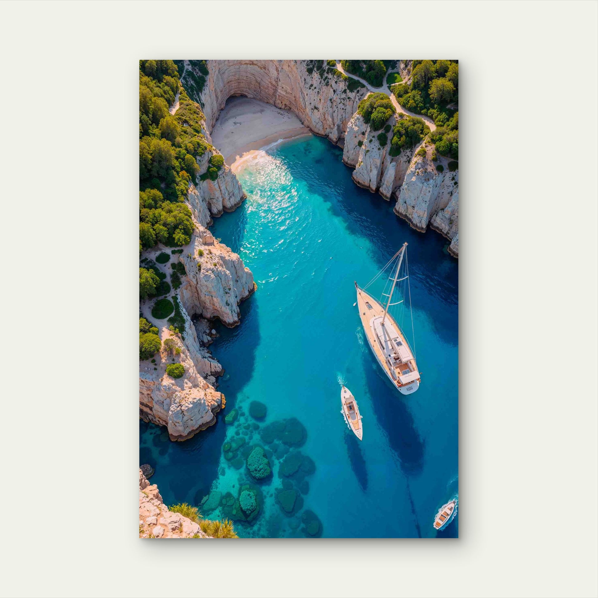 Aerial View Cove With Turquoise Water Boats 60x90cm Metal Print Ready to Hang