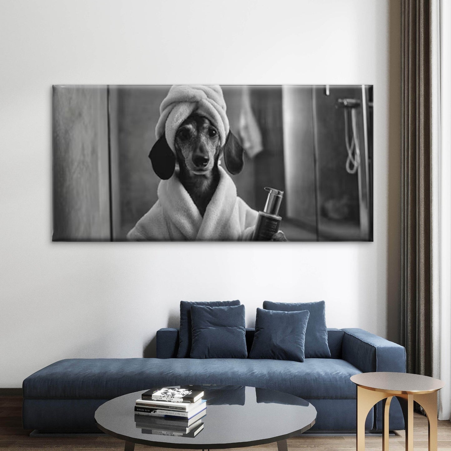 Black and White Funny Dog in Bathrobe Wall Art Canvas Office Home Room Framed 120x60cm
