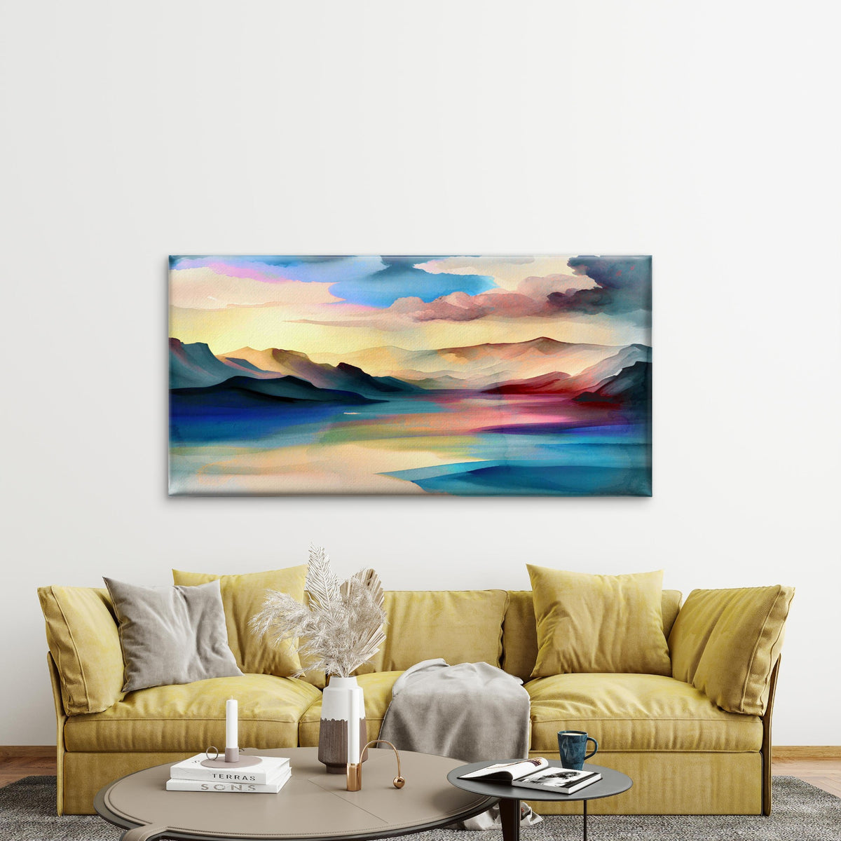 Watercolor Mountains And Lake Wall Art Canvas Office Home Room Framed 120x60cm
