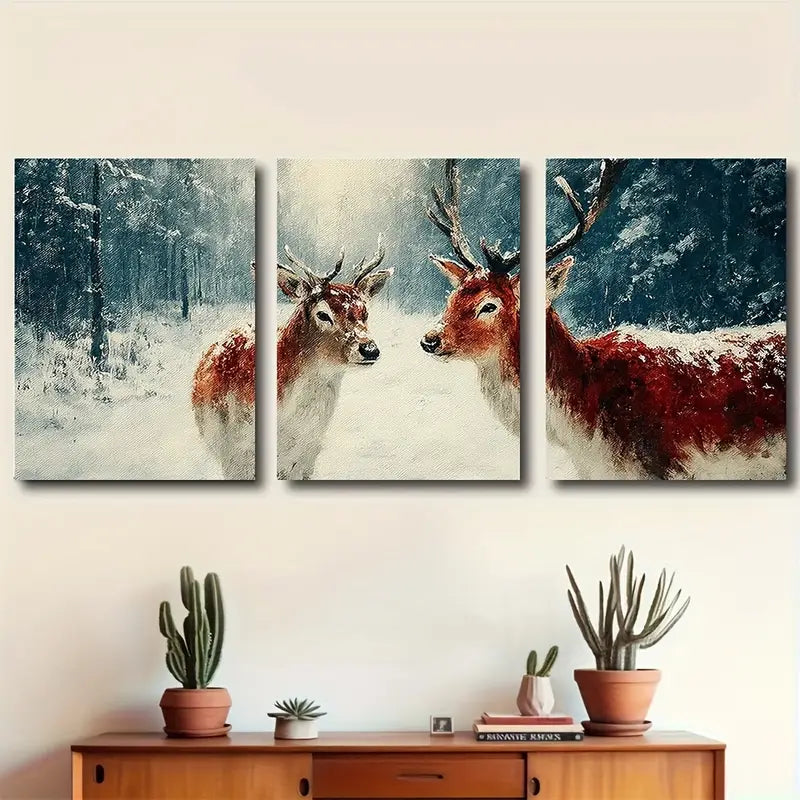 3pcs Red Deer Winter Forest Scene Metal Print Ready to Hang Art