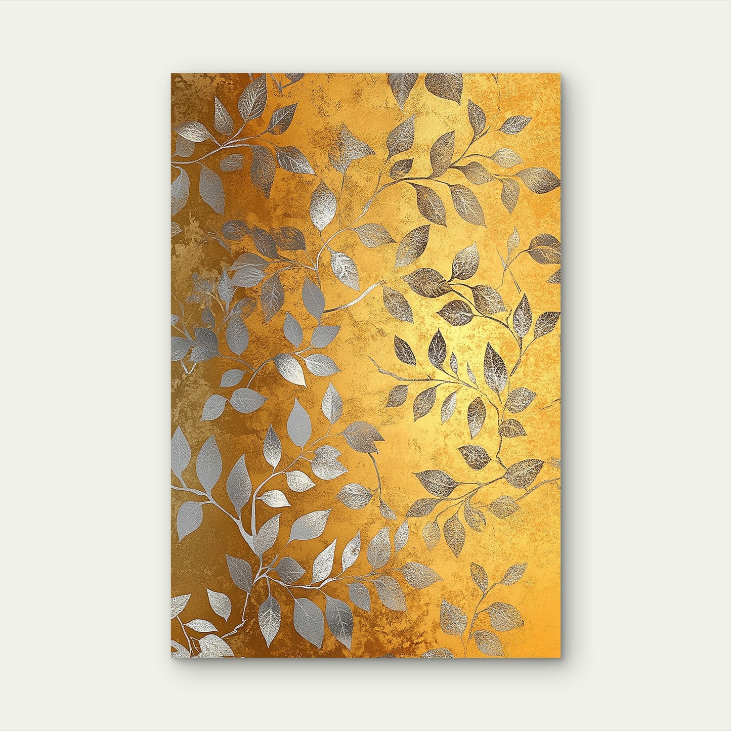 Silver Metallic Leaves Gold Foliage Branch 40x60cm Metal Print Ready to Hang