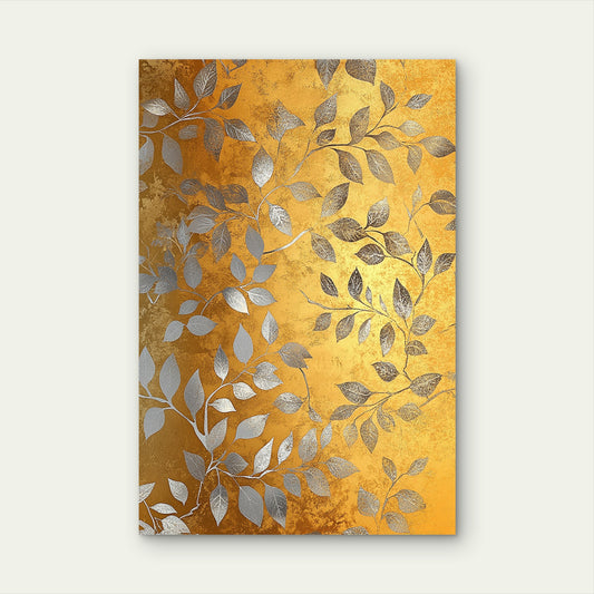 Silver Metallic Leaves Gold Foliage Branch 40x60cm Metal Print Ready to Hang