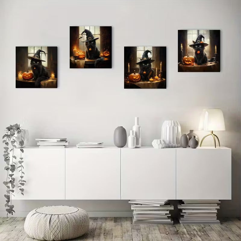 4pcs Sorcerer Black Cat Be Upset Light & Candle Wall Art Canvas Framed