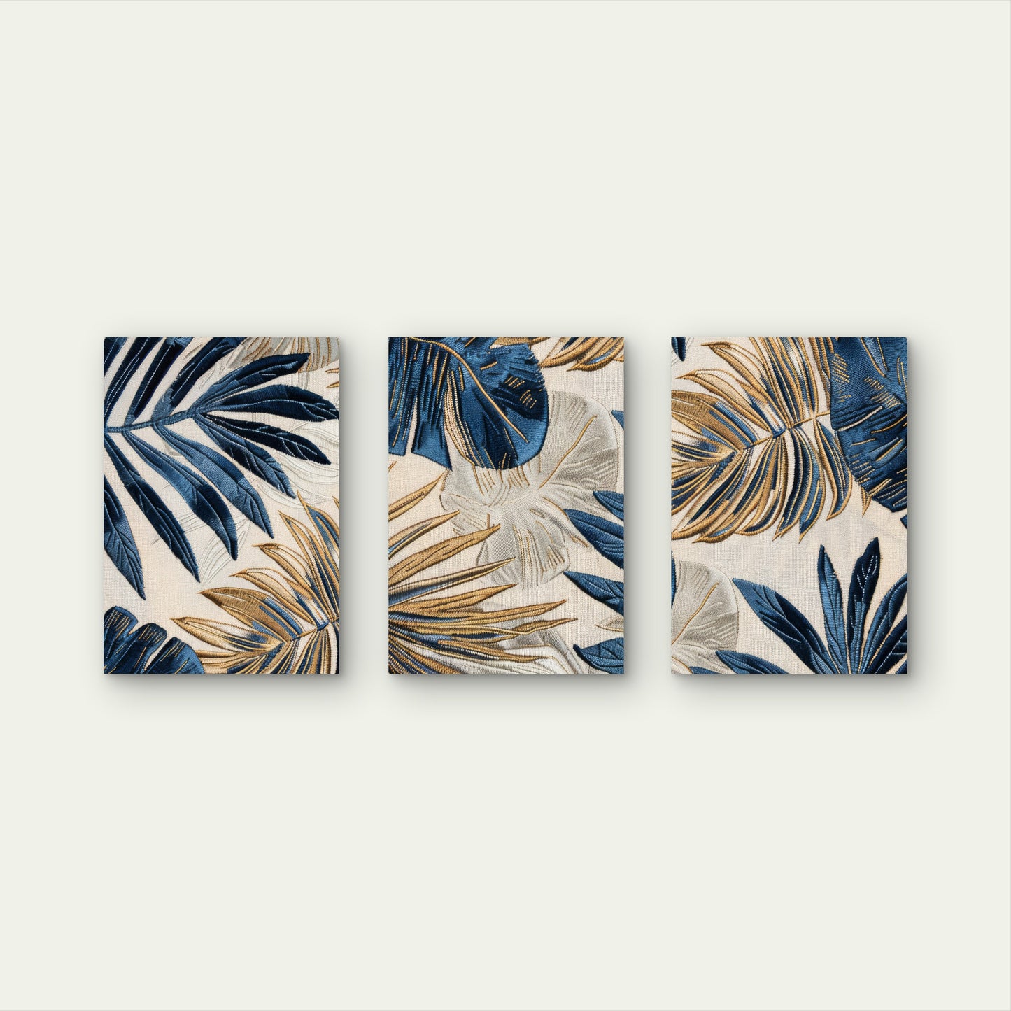 3pcs Blue And Gold Embroidered Tropical Palm Leaves Wall Art Set Canvas Framed 60x90cm- High Quality Print 100% Australian Made Wall Canvas Ready to Hang
