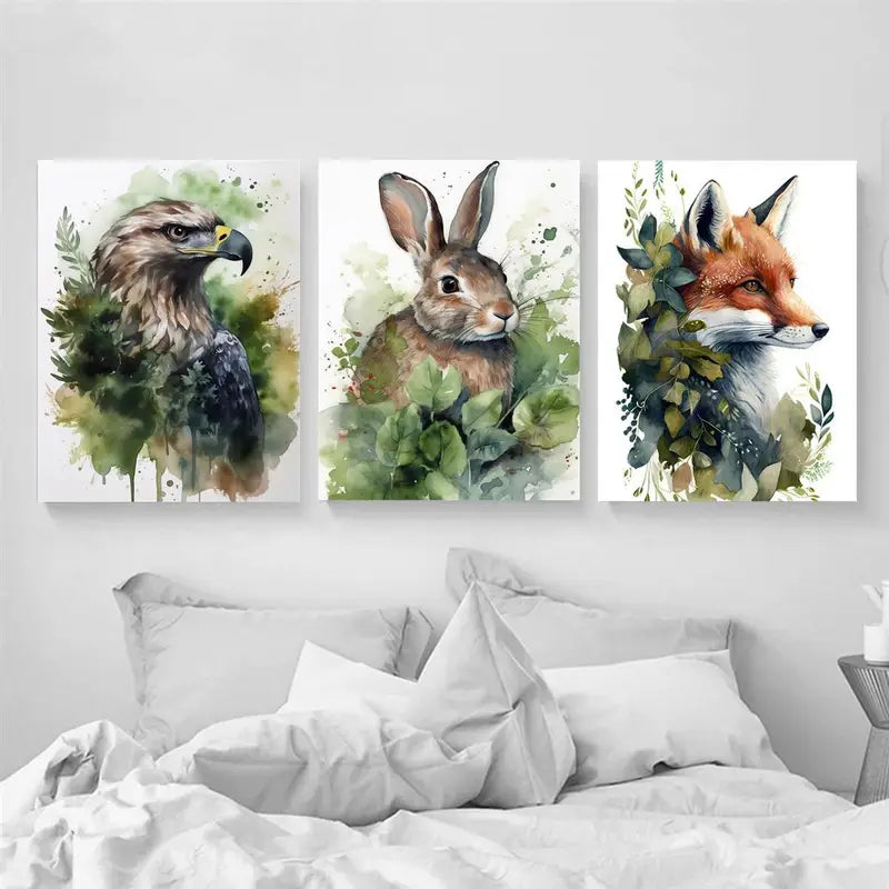 3pcs Fox, Eagle & Rabbit Nature Prints Metal Print Ready to Hang Art - Bella Home Decor