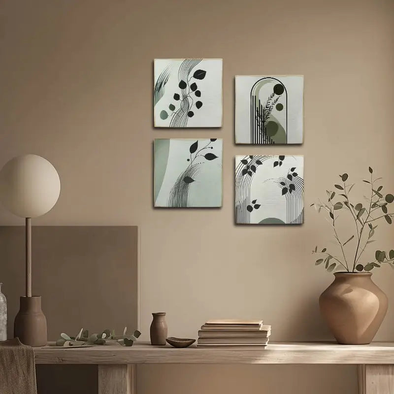 4pcs Green Leaves Art With Black Lines Wall Art Canvas Framed