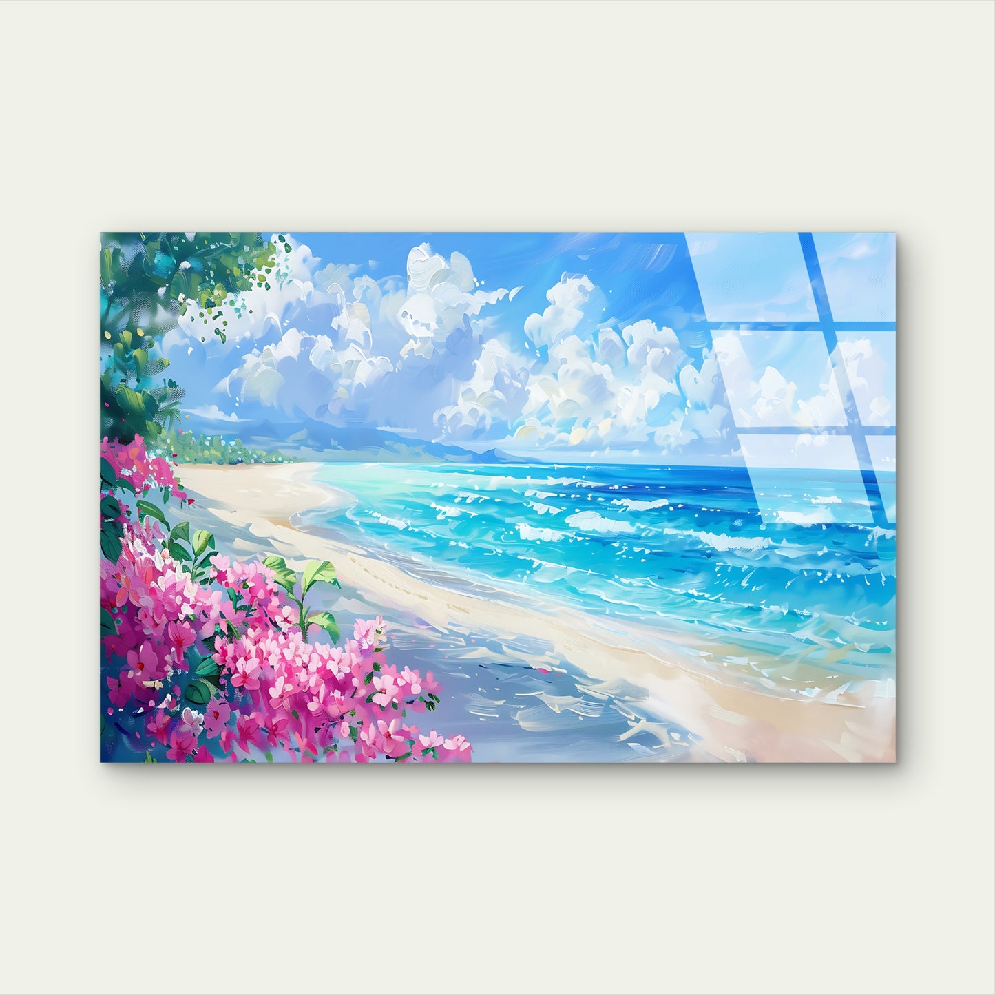 Tropical Beach Pink Flowers Acrylic Glass Printing Wall Art Australian Made Quality