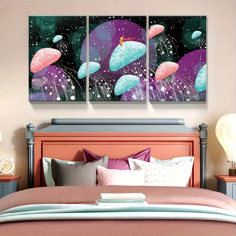 3pcs Glowing Jellyfish Canvas Metal Print Ready to Hang Art - Bella Home Decor