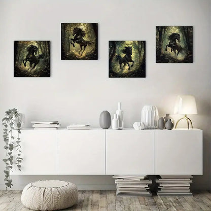 4pcs Abstract Black Horse In Forest, Dynamic Mot  Wall Art Canvas Framed