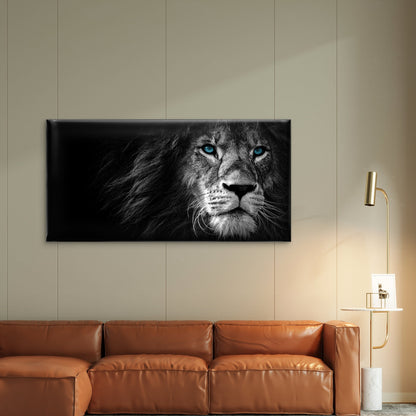 Black and White Lion Blue Eyes Wall Art Canvas Office Home Room Framed 120x60cm