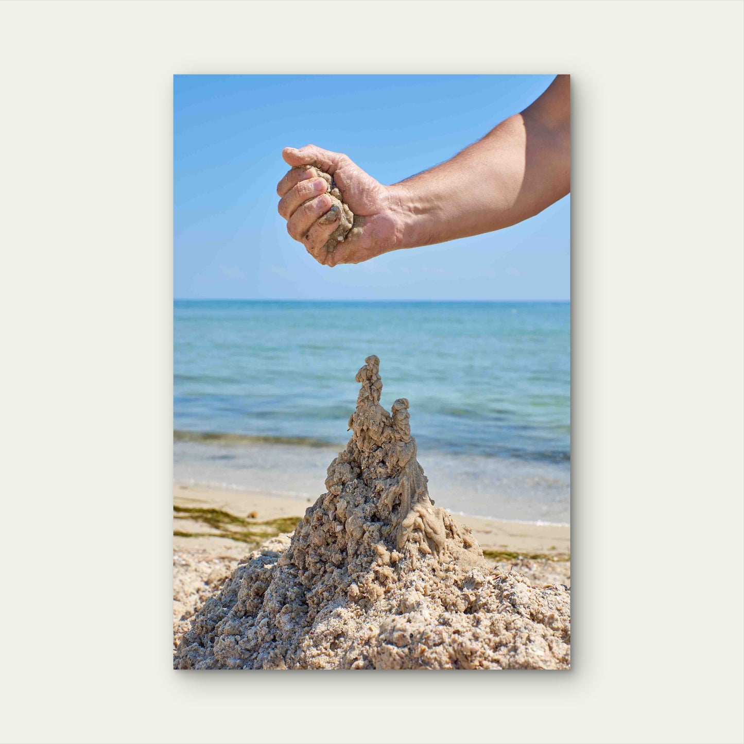 Hand Builds A Castle From The Wet Sea Sand 60x90cm Metal Print Ready to Hang