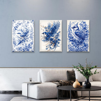 3pcs Porcelain Style Floral Bluebird Painting  Wall Art Set Canvas Framed 40x60cm - High Quality Print 100% Australian Made Wall Canvas Ready to Hang