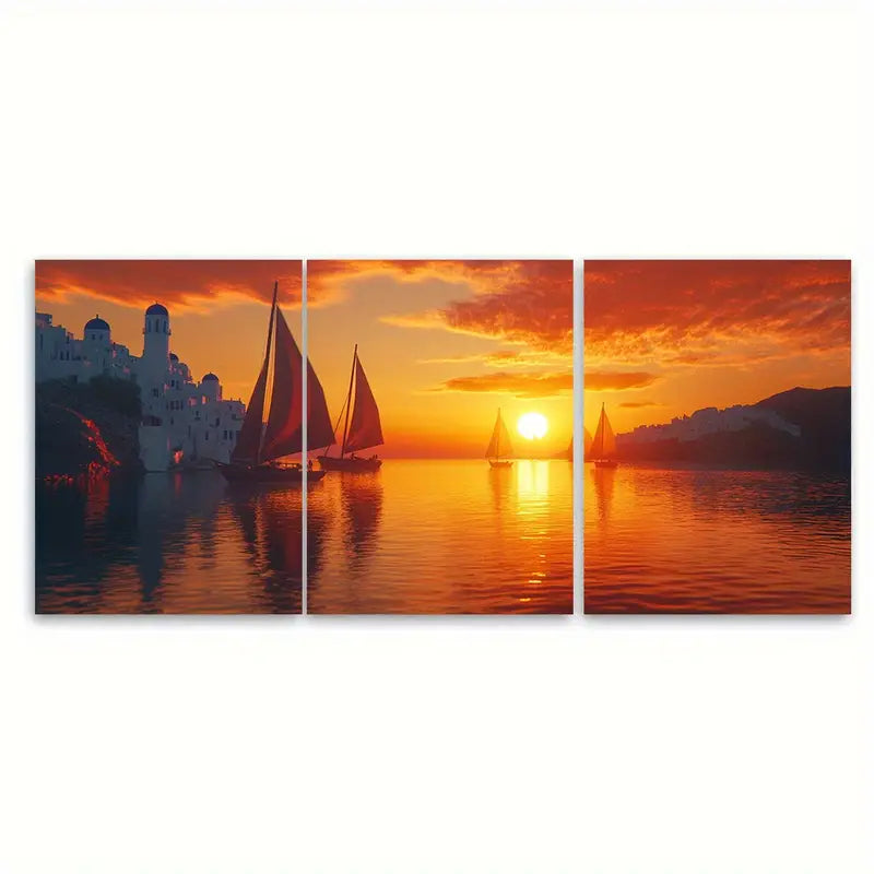 3pcs Greek Islands Sailboat Sunset Scene Wall Art Set Canvas Framed 50x70cm - High Quality Print 100% Australian Made Wall Canvas Ready to Hang