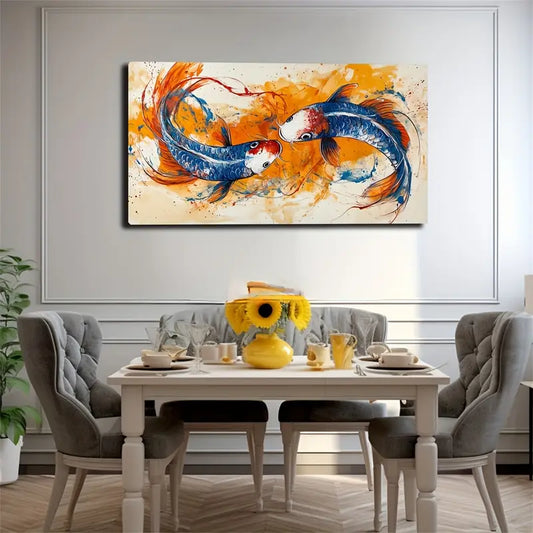 Two Koi Fish Orange Blue Hues Wall Art Canvas Office Home Room Framed 120x60cm