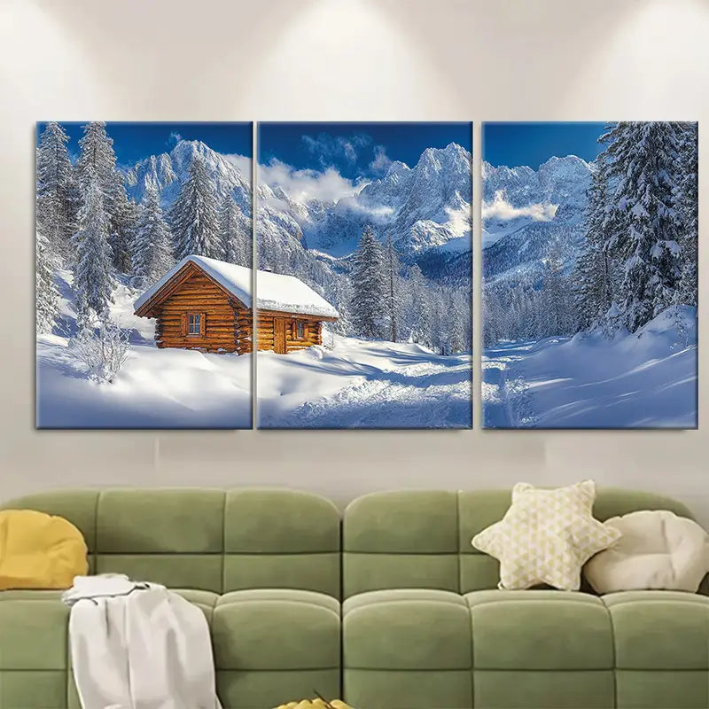 3pcs Austrian Alps Log Cabin Metal Print Ready to Hang Art - Bella Home Decor