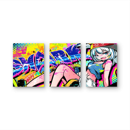 3pcs Urban Street Graffiti Pop Neon Splatter Metal Print Ready to Hang Art