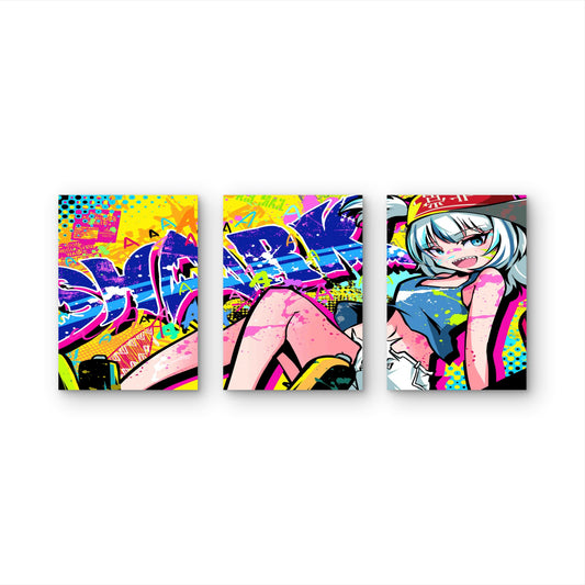 3pcs Urban Street Graffiti Pop Neon Splatter Metal Print Ready to Hang Art