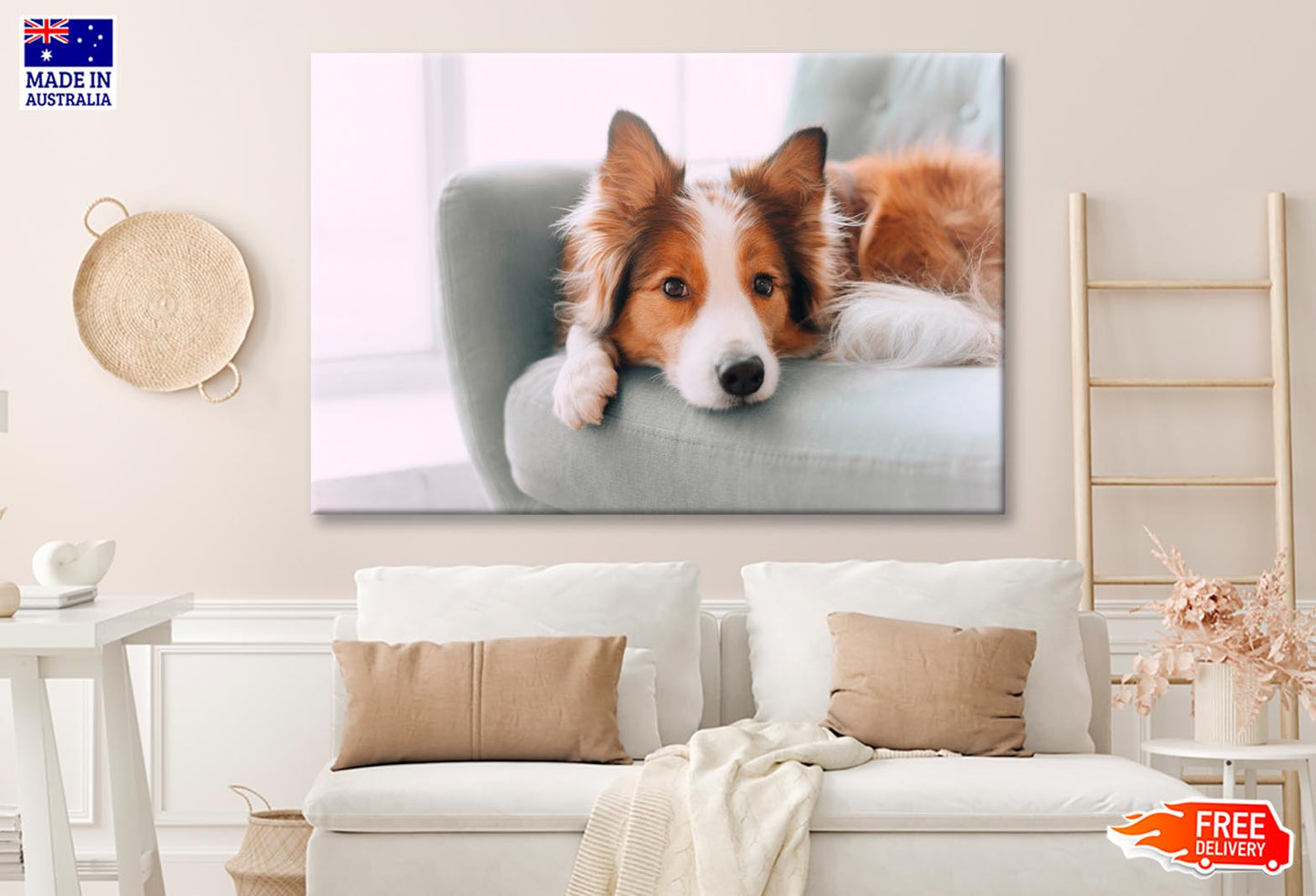 Dog Is Laying on A Blue Chair Wall Art Decor 100% Australian Made - Bella Home Decor