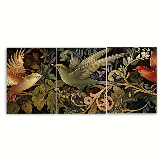 3pcs Victorian Bird Green Botanical Metal Print Ready to Hang Art