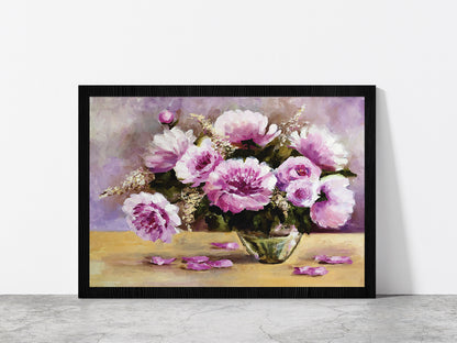 Flower Vase & Flower Petals Lay On The Table Glass Framed Wall Art, Ready to Hang Quality Print Without White Border Black