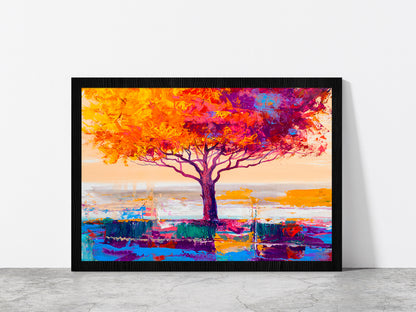 Orange Red Leaves With Large Tree Glass Framed Wall Art, Ready to Hang Quality Print Without White Border Black