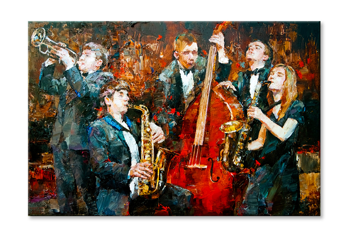 Stylish Jazz Band Playing Music Oil Painting Wall Art Limited Edition High Quality Print Stretched Canvas None