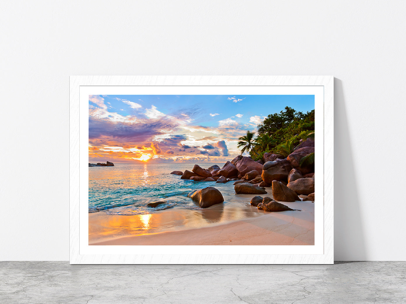 Seychelles Beach At Sunset Glass Framed Wall Art, Ready to Hang Quality Print With White Border White