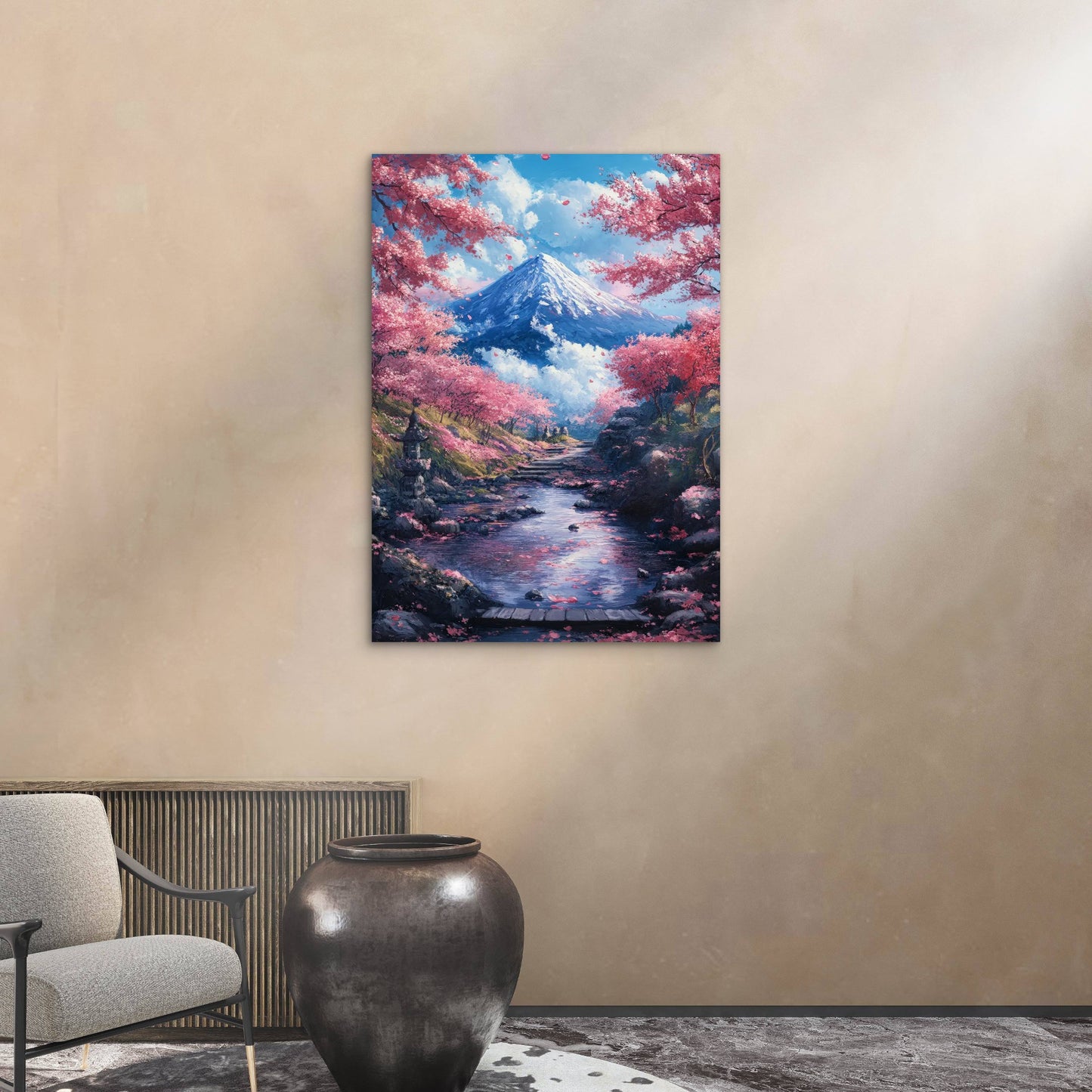 Fuji Mountain Pink Cherry Blossom Path  40x60cm Metal Print Ready to Hang