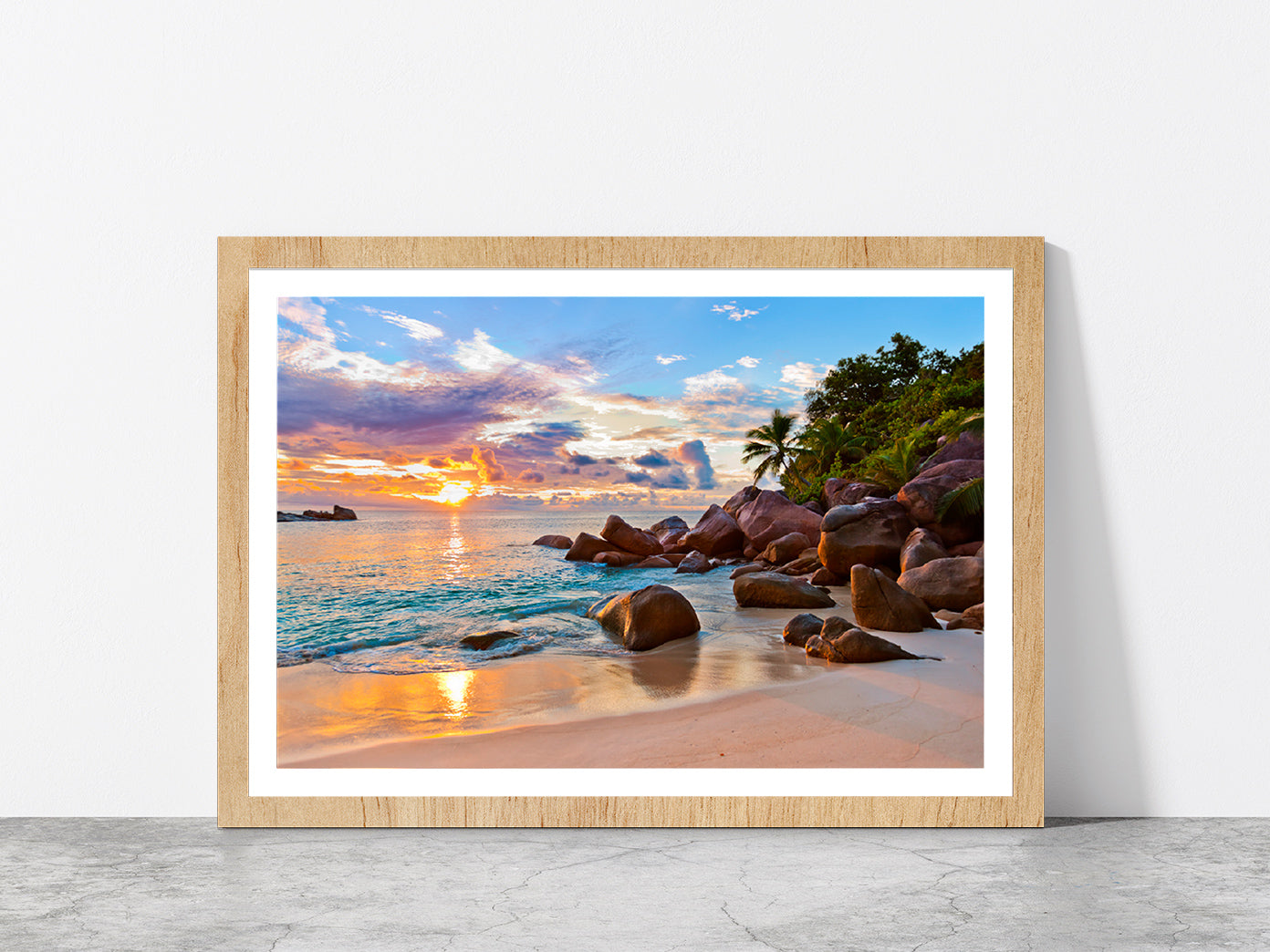 Seychelles Beach At Sunset Glass Framed Wall Art, Ready to Hang Quality Print With White Border Oak