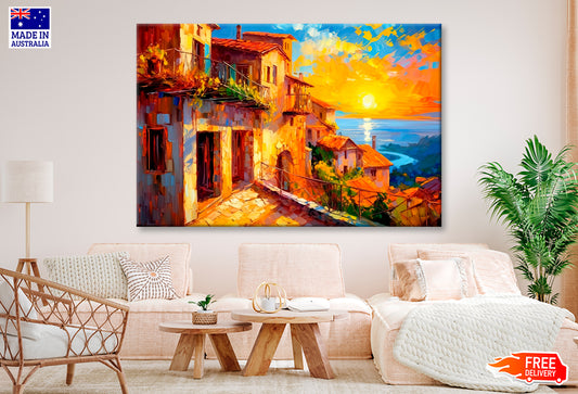 Mediterranean Coastal Town Oil Painting Wall Art Limited Edition High Quality Print